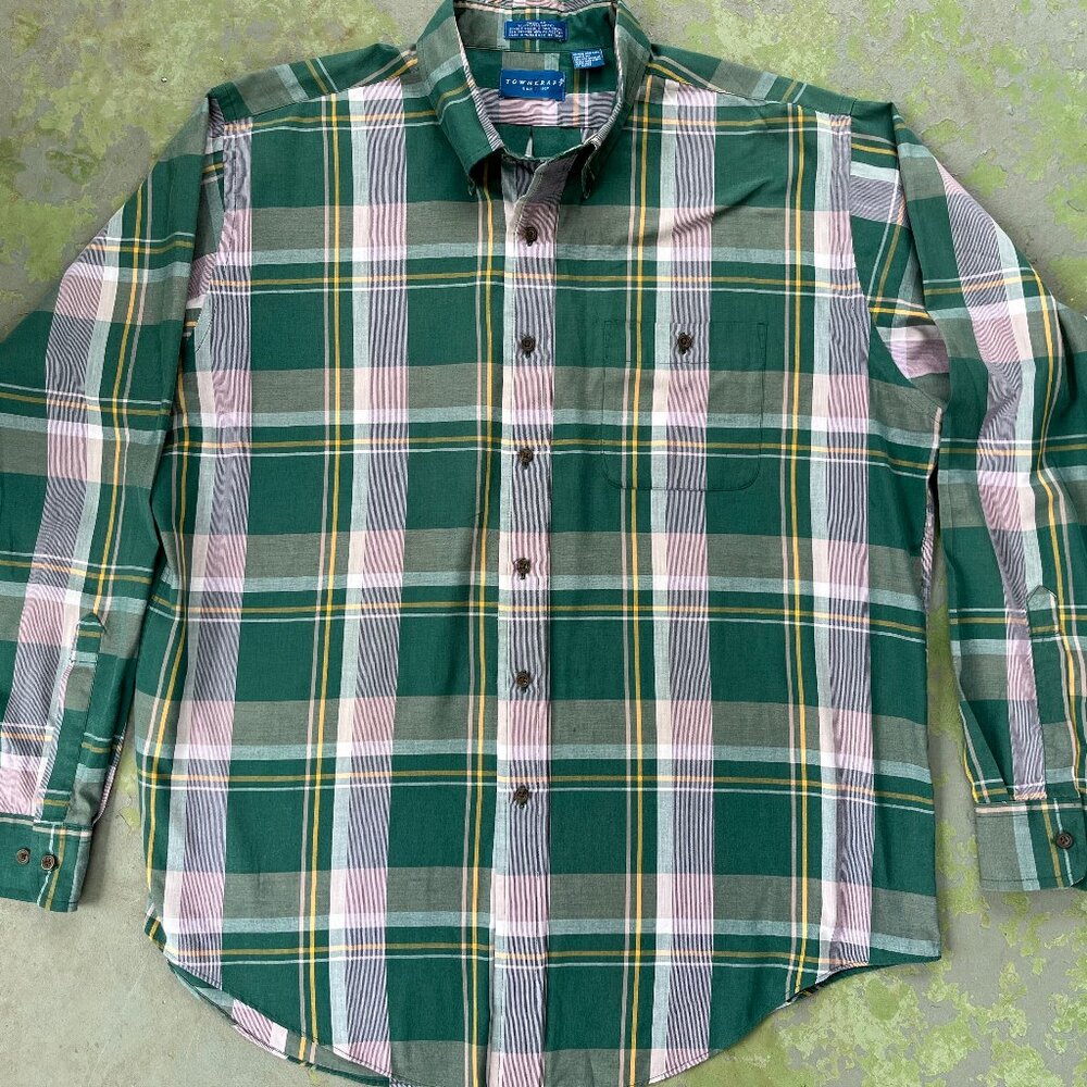 Men's Vintage 70s TOWNCRAFT Green Plaid LS Shirt Size XL Taiwan Casual
